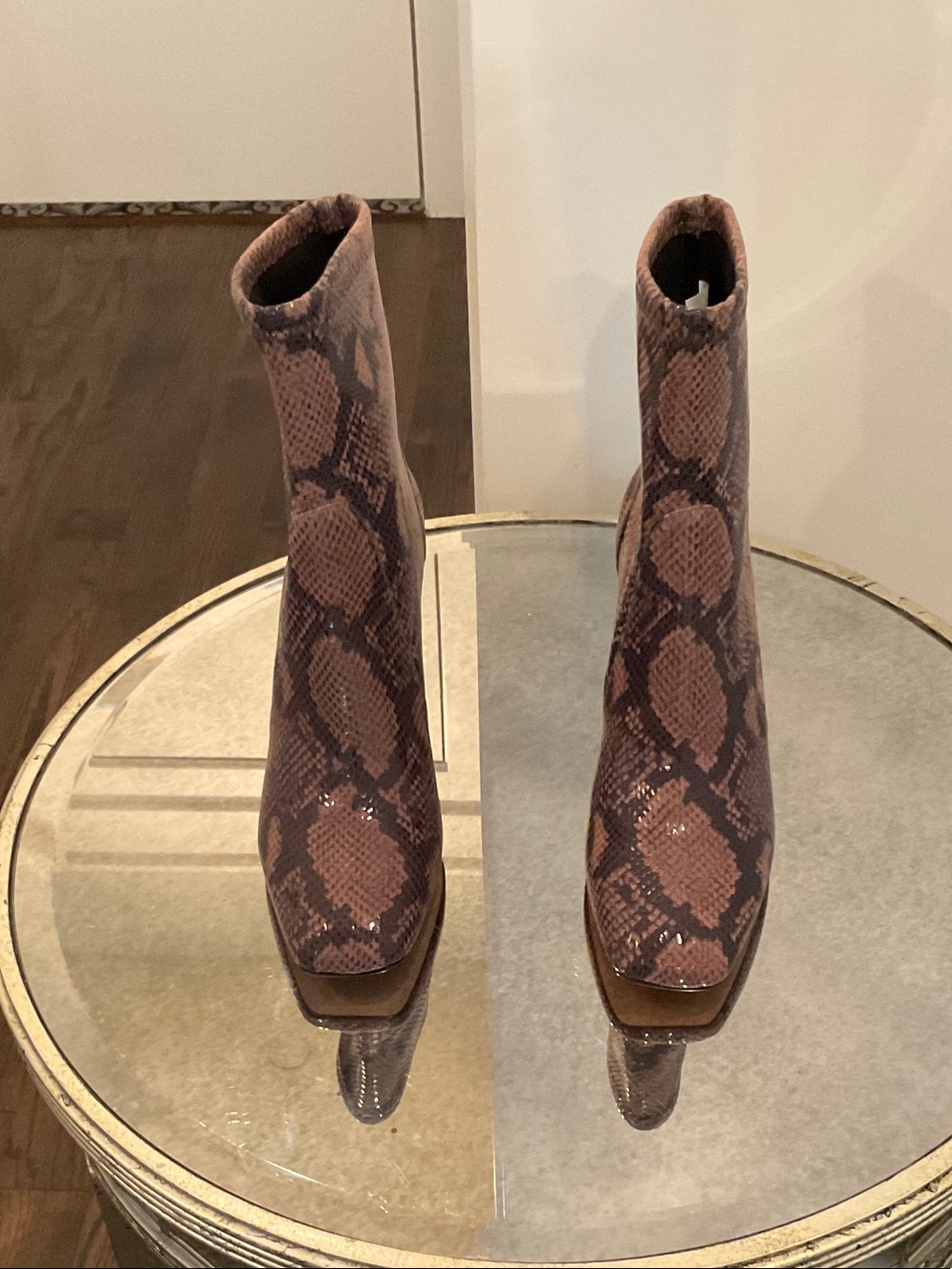 Stuart Weitzman Mauve Snake-Print Square-Toe Ankle Boots